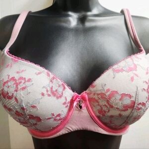 Victoria's Secret Pink Lace Floral Bra Sz 32DDD Adjustable Straps Hook Closure